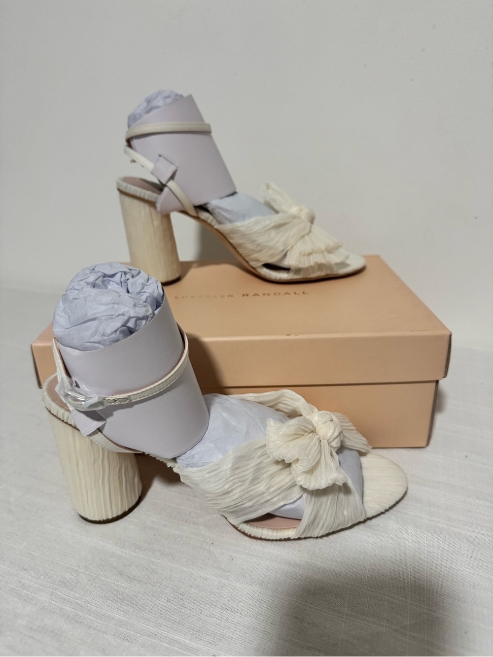 Loeffler Randall Cream Fringed Knot Block Heel Sandals